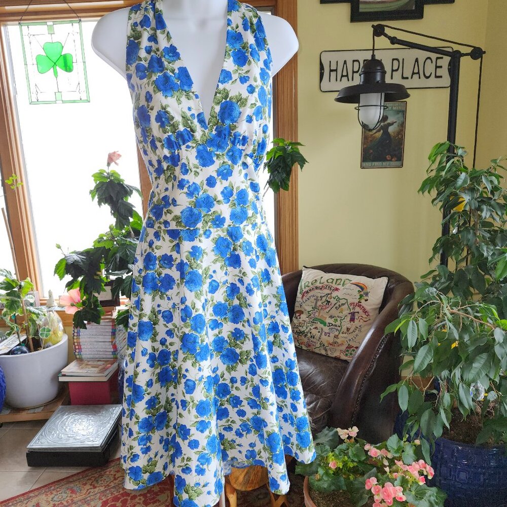 Maggie Tang Retro 1950's  Blue Rose Halter Midi Swing Dress XL